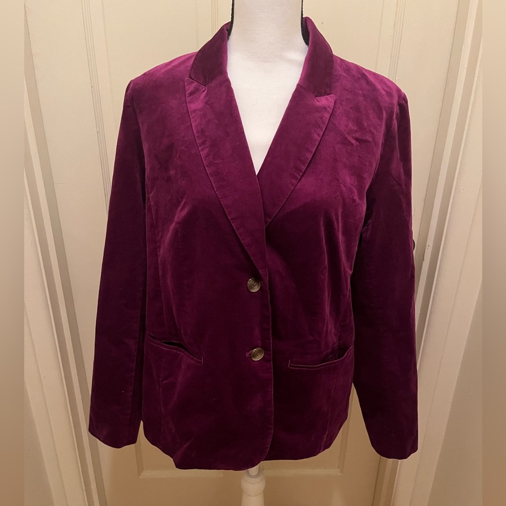J Jill  Vtg Style BURGUNDY PURPLE VELVET UNDERGROUND 2-BUTTON BLAZER - SZ M